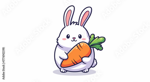 A cute chubby white cartoon rabbit happily holding a large orange carrot, isolated on a white background.