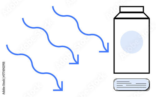 Blue flow arrows indicate air movement through a filter clean air emerges near a container. Ideal for air purification, cleanliness, sustainability, healthcare, technology, environment, simple flat