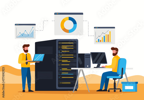 Business data management concept with IT professionals working in a server room analyzing information for corporate strategy. 3.eps vector illustration