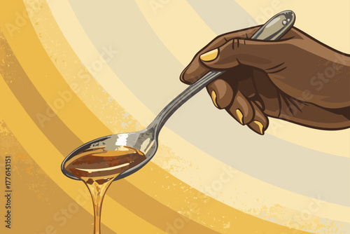 Hand holding a spoon with dripping honey.