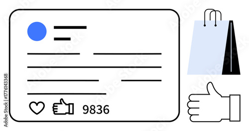 Social media post layout with thumbs ups, comments, and shopping bags, representing e-commerce, user engagement, and content interaction. Ideal for marketing, retail, social media branding