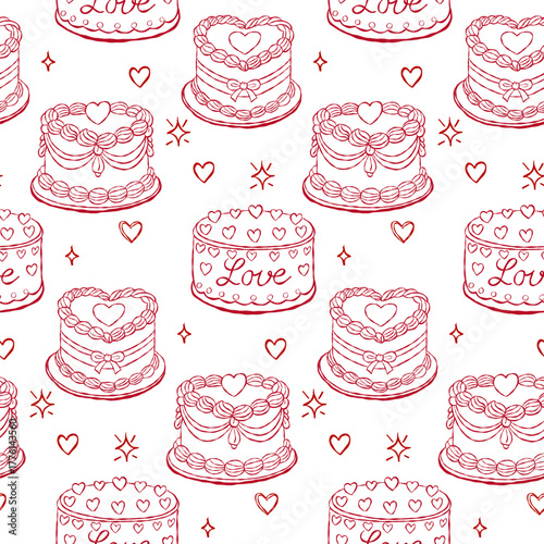 Seamless pattern with romantic cakes and hearts