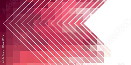 Abstract geometric background with a red pixelated mosaic and white chevron arrow pattern pointing left.