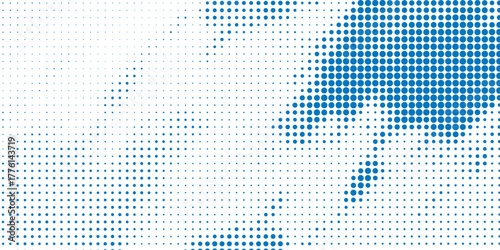 Abstract digital background with a pattern of blue halftone dots forming cloud-like shapes on a white grid.