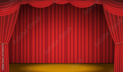 フレーム_上部が円のドレープ_まとまったカーテン_横長_赤