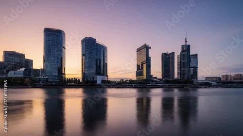 Wallpaper Mural “Panoramic Modern Cityscape Video | Skyscrapers with Glass Facades and Reflective Water | Hyperrealistic Urban Sunset Footage” Torontodigital.ca
