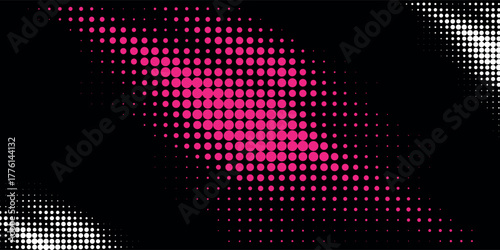 Abstract background featuring a diagonal band of pink halftone dots on a black canvas with white corners.