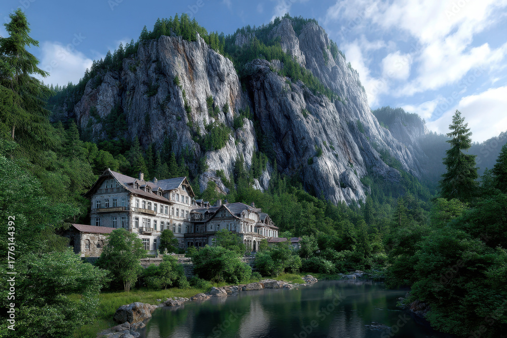 Fototapeta premium Mountain resort nestled by calm lake surrounded by tall trees and rocky cliffs during a clear day