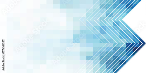 Abstract blue geometric background with a pixelated mosaic pattern fading to white and sharp chevron lines.