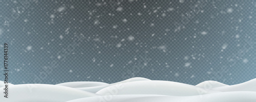 Realistic winter background, snowdrifts, snowdrifts, blizzard and wind, snow. Christmas winter landscape, 3D background with snow, vector transparent background, PNG.