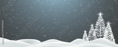 Realistic winter background, snowdrifts, snowdrifts, blizzard and wind, snow. Christmas winter landscape, 3D background with snow, vector transparent background, PNG.