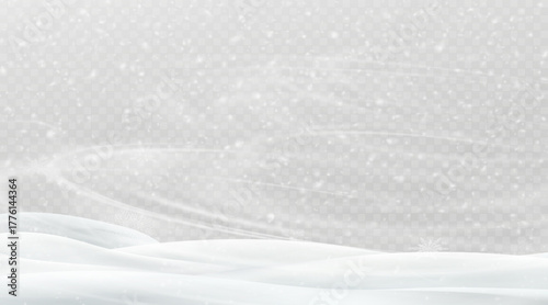 Realistic winter background, snowdrifts, snowdrifts, blizzard and wind, snow. Christmas winter landscape, 3D background with snow, vector transparent background, PNG.	
