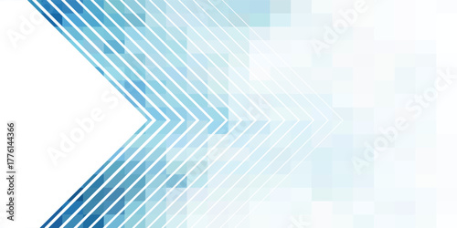 Abstract blue geometric background with a pixelated mosaic pattern and white chevron lines pointing right.