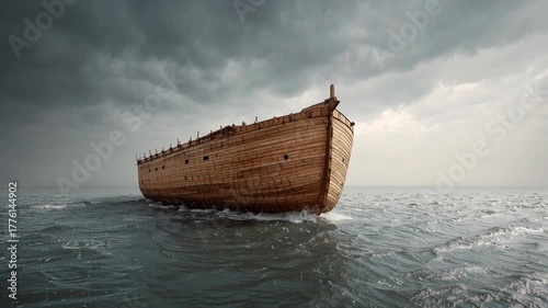 Religious bible story of Noahs Ark, wooden vessel on vast stormy sea under dramatic sky during Genesis flood of salvation