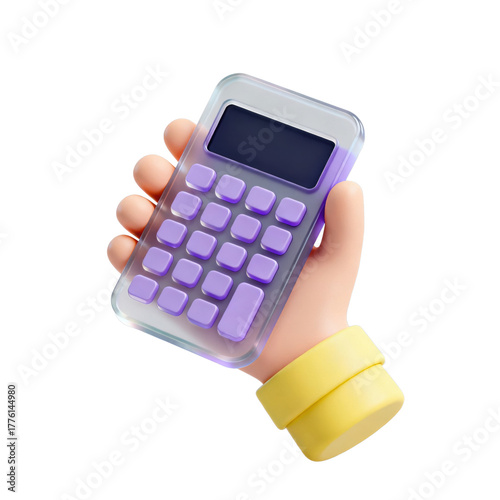 3D Rendered Skin-Toned Hand (Yellow Cuff) Holding Transparent Calculator (Purple Buttons, Black Display) – For Calculation, Office & Finance Tool Visual Concept