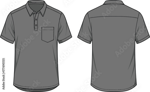 Short sleeve polo shirt vector illustration with collar, three button placket, chest pocket, cuffed sleeves, back yoke, technical flat fashion design