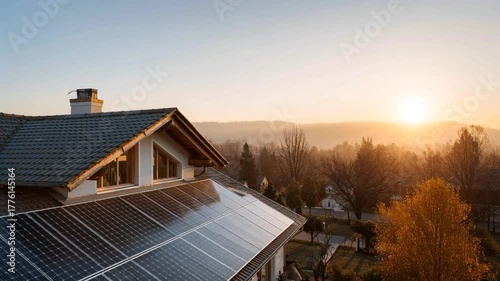 Wallpaper Mural Sustainable and renewable energy technology showcasing solar panel array on modern house roof against hopeful sunset for green future Torontodigital.ca