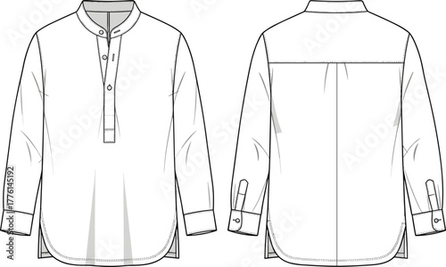 Technical flat sketch of long sleeve band collar shirt with button placket, pleated hem, cuff detail, and back yoke design