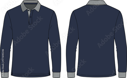 "Vector illustration of navy blue long sleeve polo shirt with gray collar and cuffs, front and back technical fashion design"