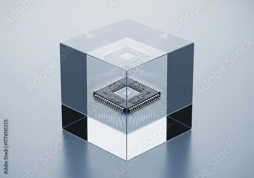 Microchip or CPU encased in a clear glass cube, representing quantum computing, data storage, and future technology against a light gray background
