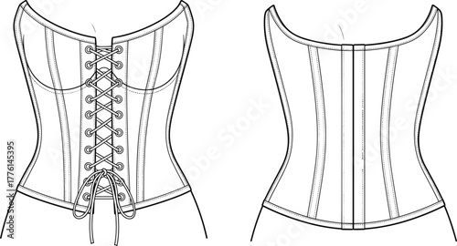 Women’s corset technical flat fashion vector illustration with lace up back, structured seams, boning details, garment design template for apparel
