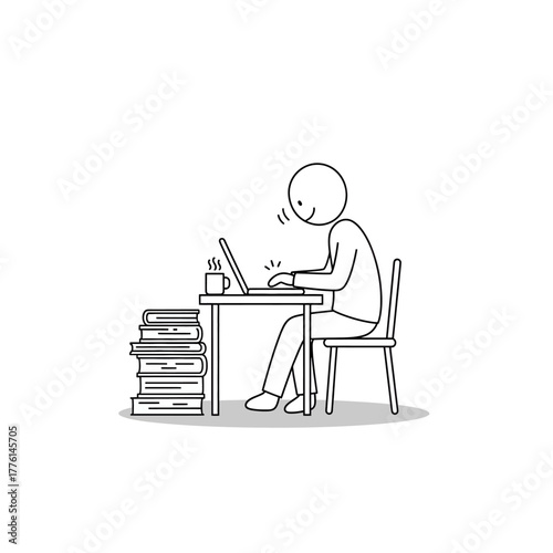 Line art entrepreneur at desk working with paperwork and computer. Productivity and business planning concept.