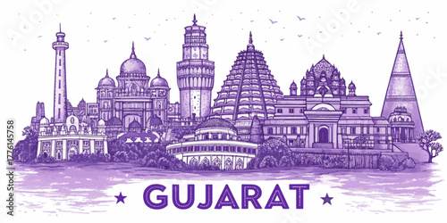 Gujarat Skyline Drawing with Cultural Touch, Showcasing Sabarmati Ashram, Rani ki Vav, Modhera Sun Temple, and Vadodara Palace for Travel Brochures and Posters