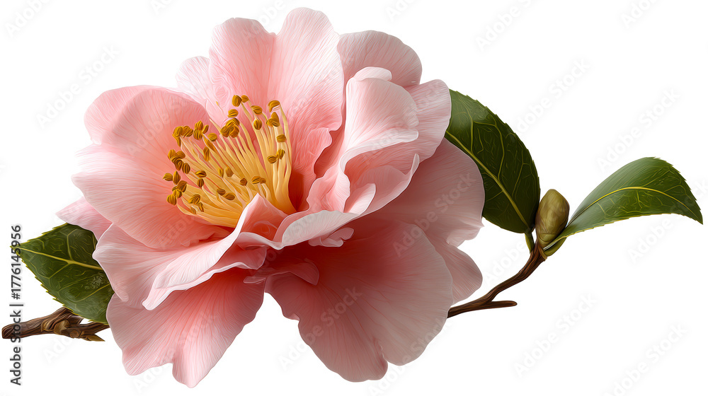Obraz premium Pink Camellia Flower with Green Leaves and Bud