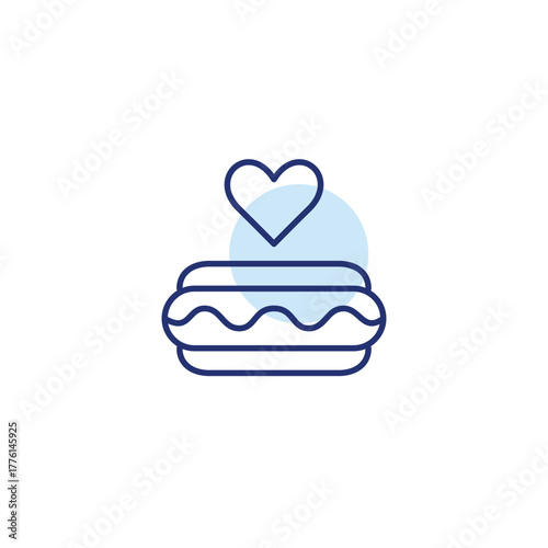 Hot dog in a bun with mustard and heart. Great taste, comfort food and unhealthy dinner. Pixel perfect, editable stroke vector icon