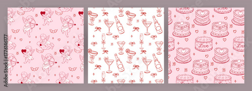 Seamless Valentine patterns with cupids, drinks and cakes