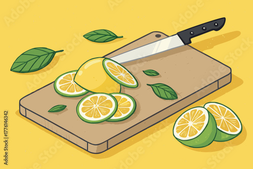 Fresh lemon slices being cut on a modern kitchen island.