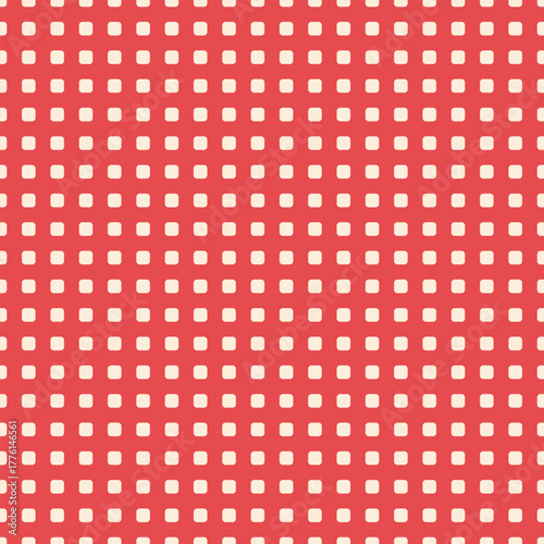 A seamless vector pattern featuring cream rounded squares on a vivid red background. Perfect for festive packaging, holiday wrapping paper, textile prints, and minimal geometric projects.