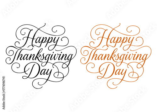 Grupo de texto manuscrito Happy Thanksgiving Day con filigranas para tarjetas y felicitaciones 
