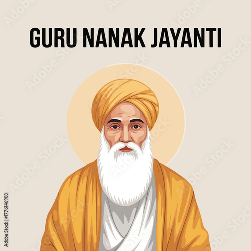 Guru Nanak Jayanti Celebration with Portrait of Guru Nanak in Traditional Attire