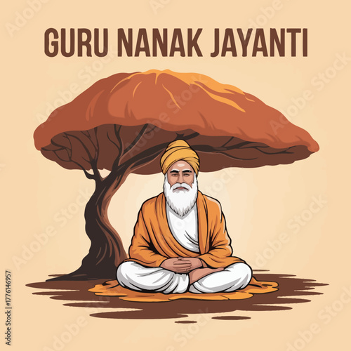 Guru Nanak Jayanti Celebration with Illustration of Guru Nanak and Sacred Tree