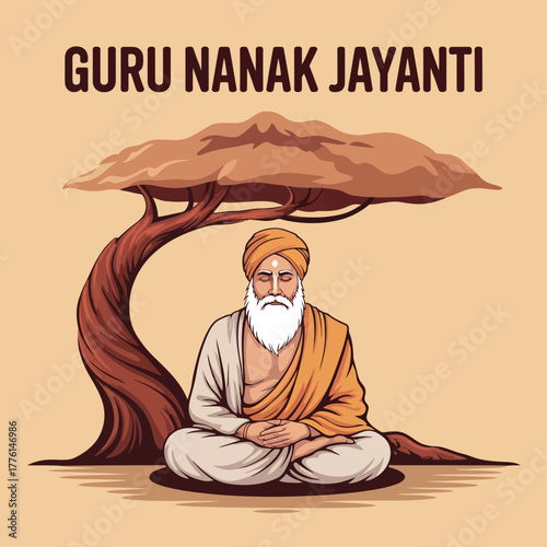 Guru Nanak Jayanti Celebration with Illustration of Guru Nanak and Sacred Tree