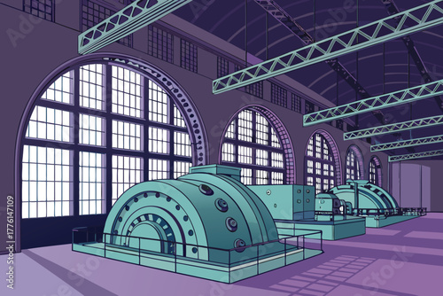 Interior view of a turbine hall through a diagonal window.