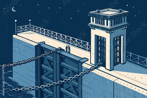 Diagonal view of a mechanical sluice gate with a chain.