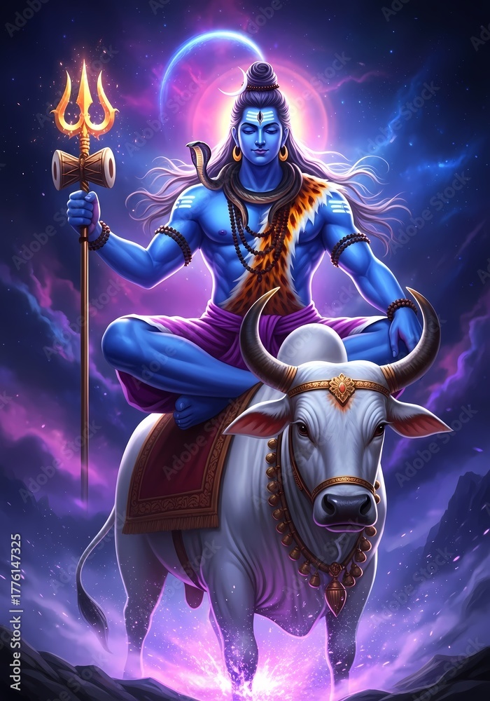 Naklejka premium Lord shiva seated on his vahana nandi the bull holding a trident with a cosmic background and glowing aura