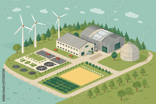 Eco farm with composting area and wind turbines.