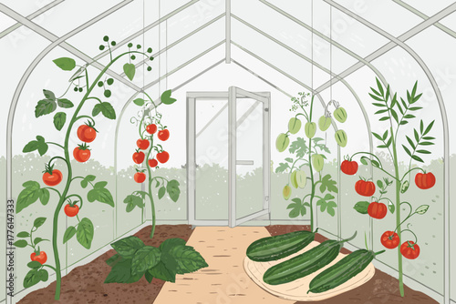 Eco greenhouse bursting with ripe tomatoes and cucumbers.