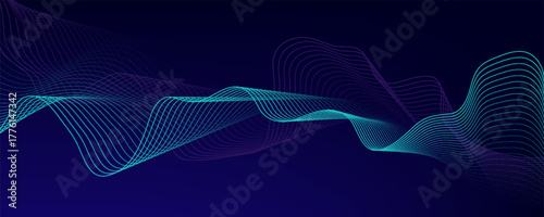Abstract glowing wave lines on dark blue background. Dynamic wave pattern. Modern flowing wavy lines. Futuristic technology concept. Suit for banner, poster, cover, brochure, flyer, website