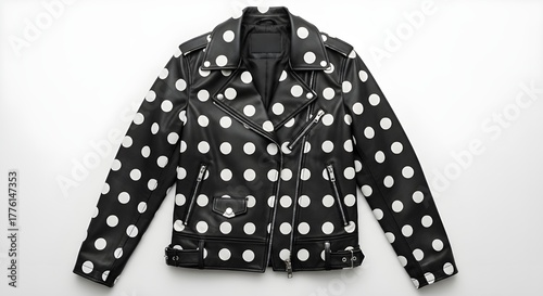 Leather jacket adorned with polka dots displayed against a white background 

