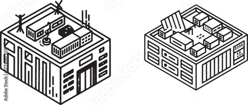 Isometric IT Data Processing Center Icon Set, Outline Vector for Server Hosting and Technology Hub