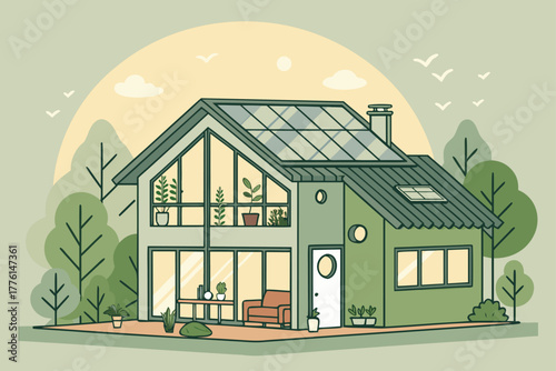 Eco house interior with solar heating and greenery.