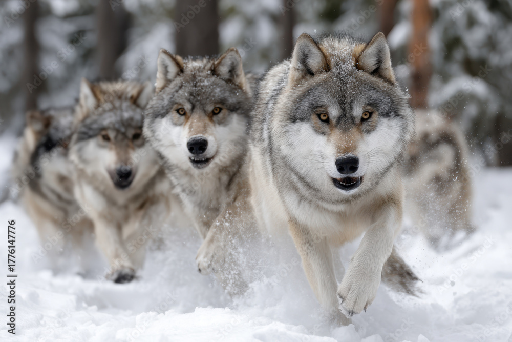 Naklejka premium Wolves running through snowy forest in winter landscape