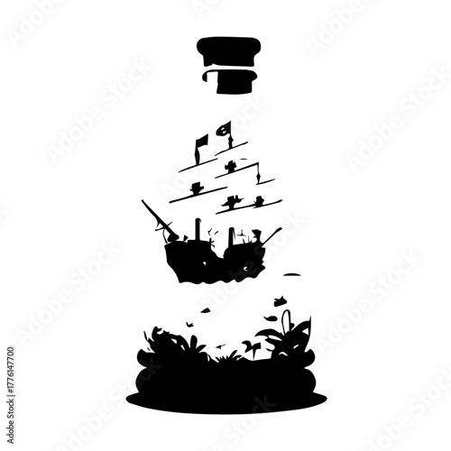 Silhouette of a pirate ship sailing within a bottle