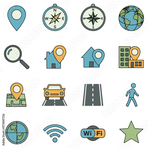 Flat Design Navigation Icons: GPS Location Pins, Compass, Globe, Search, Home Map, Street View, Car Travel, Road, Pedestrian, Radar, Wi-Fi, and Favorite Star Vector Set