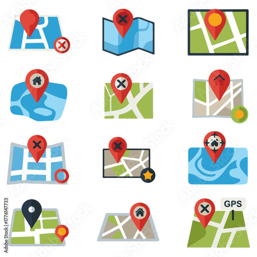 Flat Design Navigation Icons: GPS Location Pins, Compass, Globe, Search, Home Map, Street View, Car Travel, Road, Pedestrian, Radar, Wi-Fi, and Favorite Star Vector Set