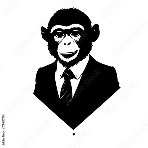 Sophisticated Chimpanzee Dressed in a Sharp Black Suit and Tie